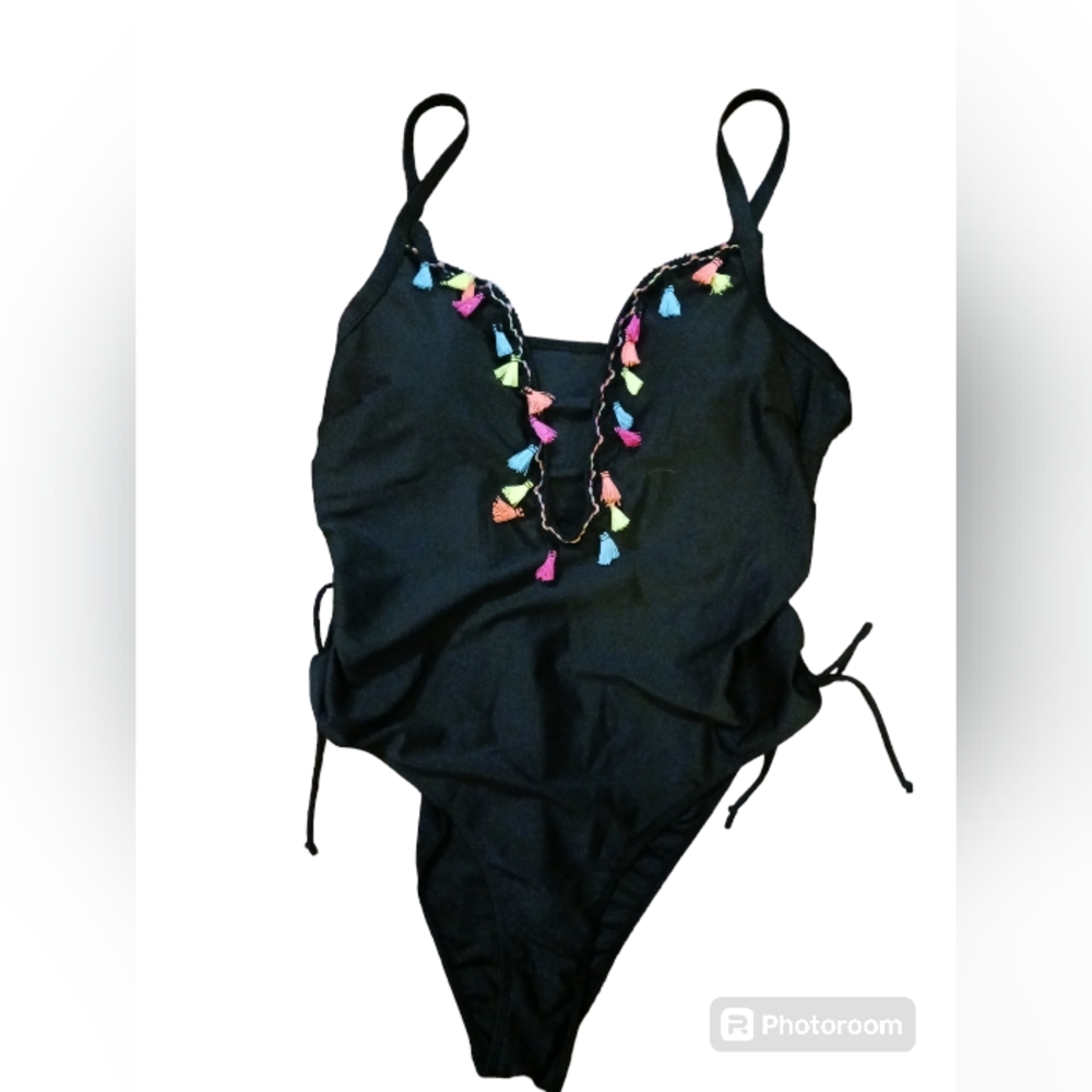 SHEIN One piece swimsuit.  Womens.  Size 3X.  Black with neon tassles.